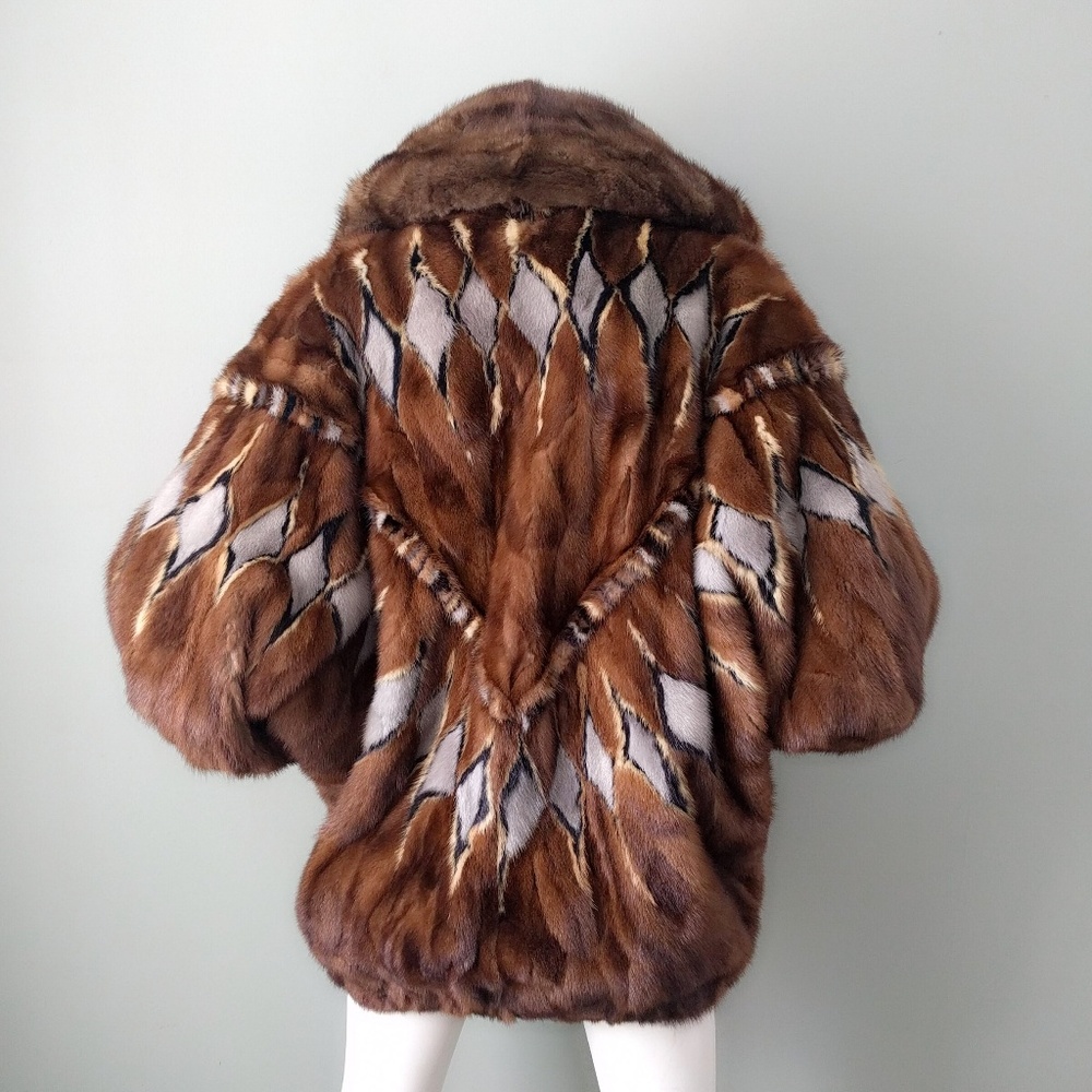 Quilted Patchwork Mink Fur Batwing Hooded Bomber M - Picture 6 of 8